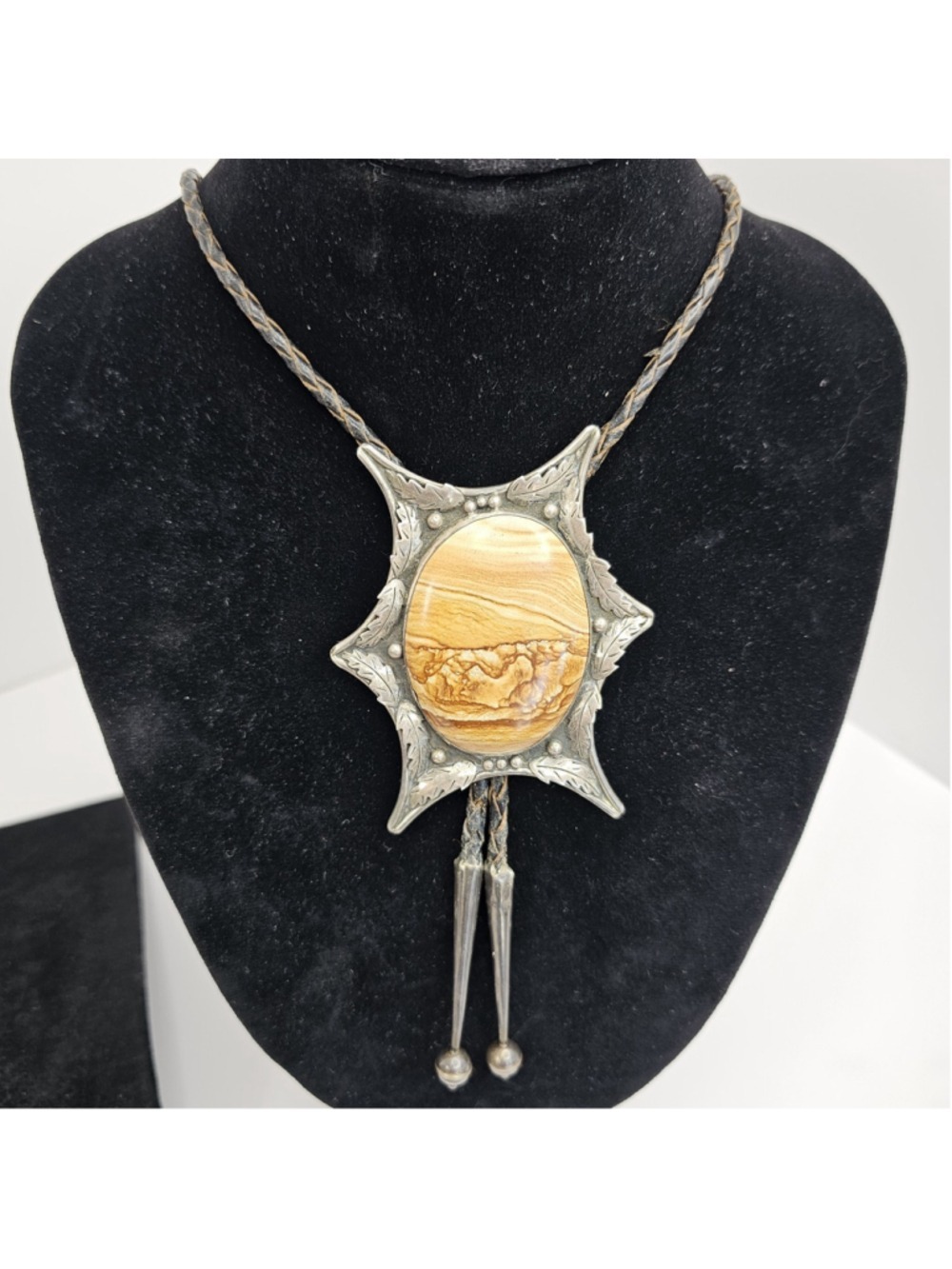Vintage Navajo Sterling Silver Picture Jasper Bolo Tie Signed Southwestern 65.5g